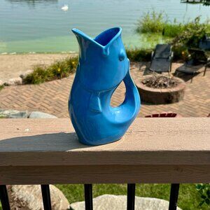 Blue Gurgling Fish Pitcher, Ceramic, 24 ounces. Also available in Red and White